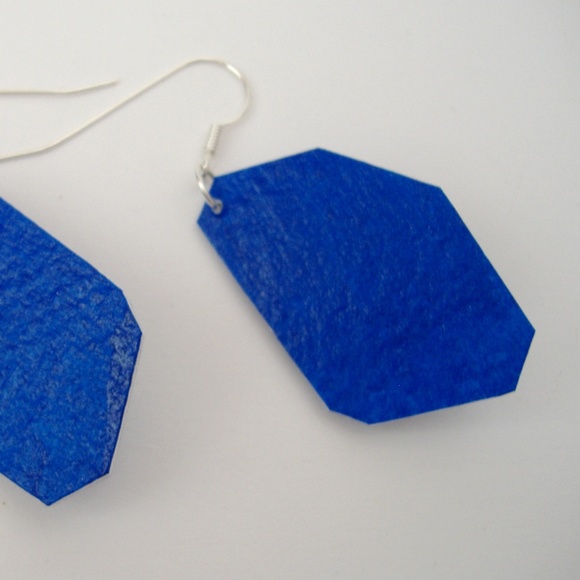 Blue Beaded Earrings Hand Crafted Painted Paper Rhinestone Pierced Dangle New - Picture 7 of 7